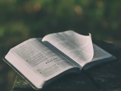 An open book with a turned page resting on a dark cloth